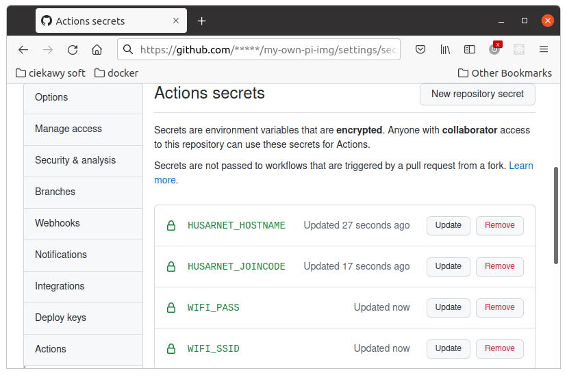 repository secrets for GitHub Actions